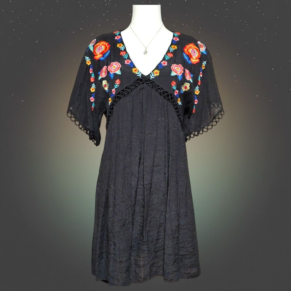 Umgee Womens Small Tunic Dress Black Boho Cottagecore Folk Gauze Embroidered